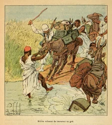 Henri Galli dit Galllichet (1854-1922)著、Louis Bombled (1862-1927)絵による「マダガスカルの戦争-1885-1895年のフランス遠征の逸話史」。1895年のフランスのマダガスカル遠征で、グーを渡ることを拒否するミュレットたち、C二等兵
