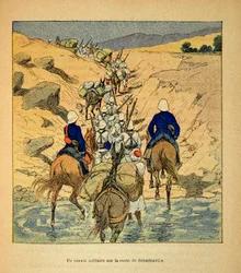 Henri Galli dit Galllichet (1854-1922)著、Louis Bombled (1862-1927)絵による「マダガスカルの戦争-1885-1895年のフランス遠征の逸話」：1895年のスベルビビルへの道中の軍の護送車、個人蔵