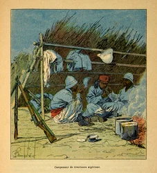 Henri Galli dit Galllichet (1854-1922)著、Louis Bombled (1862-1927)絵による「マダガスカルの戦争-1885-1895年のフランス遠征の逸話史」。1895年のマダガスカルにおけるアルジェリア人のキャンプ、個人蔵