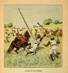 Henri Galli dit Galllichet (1854-1922)著、Louis Bombled (1862-1927)絵による「マダガスカルの戦争-1885-1895年のフランス遠征の逸話史」。1895年のマダガスカルでの野牛の狩猟、個人蔵