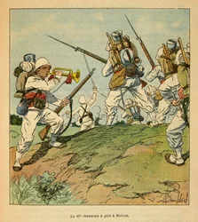 Henri Galli dit Galllichet (1854-1922)著、Louis Bombled (1862-1927)絵による「マダガスカルの戦争-1885-1895年のフランス遠征の逸話史」。1895年のベリッツァでの戦闘中に徒歩で移動する第40猟兵隊、個人蔵