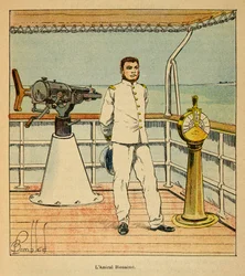 Henri Galli dit Galllichet (1854-1922)著、Louis Bombled (1862-1927)絵による「マダガスカルの戦争-1885-1895年のフランス遠征の逸話史」。Bienaime提督（1843-1930）の肖像、個人蔵