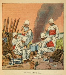 Henri Galli dit Galllichet (1854-1922)著、Louis Bombled (1862-1927)絵による「マダガスカルの戦争-1885-1895年のフランス遠征の逸話史」。1895年にマダガスカルで行われた200番隊のビバーク風景、個人蔵
