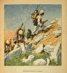 Henri Galli dit Galllichet (1854-1922)著、Louis Bombled (1862-1927)絵による『マダガスカルの戦争-1885-1895年のフランス遠征の逸話史』。1895年のマダガスカルにおける歩兵の前衛、個人蔵