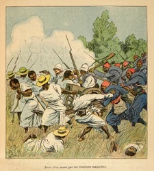 マダガスカルの戦争-1885年から1895年のフランス遠征の逸話、Henri Galli dit Galllichet (1854-1922)著、Louis Bombled (1862-1927)絵。1895年のアンボロンティの戦いでマダガスカル人が大砲を奪った、個人蔵