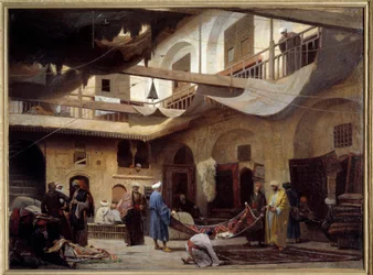 1866年、カイロのハーン・カビルのカーペット・バザール。ルイ・クロード・ムショー（1830-1891）の絵