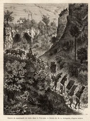 Le tour du monde "に掲載された1866-1868年のフランシス・ガルニエ中尉によるインドシナ探検航海を説明するために、L.Delaporteの図面に基づいて彫られた雲南（中国）へ向かう商人とそのポーターの護送船団 187