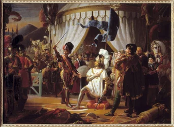 1515年、イタリアのマリニャーノの戦いで勝利した後、シュヴァリエ・バヤードの騎士になることを要求するフランスのフランソワ1世-