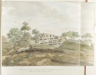 Gezicht op de muren van Agrigentum en vele rotsgraven 古代都市の壁の外観と、彫刻が施された墓石が見られる大量の落下岩の外観 (オブジェクトのタイトル) イタリア、シチリア、マルタの旅 - 1778 (シリーズタイトル)