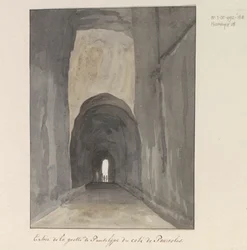 Ingang van grot Crypta Neapolitana (of Grotta di Posillipo) aan de kust van Pozzuoli ポッツオーリ近くのパウジリーペ洞窟への入り口 (オブジェクトのタイトル) イタリア、シチリア、マルタの旅 - 1778 (シリーズタイトル)