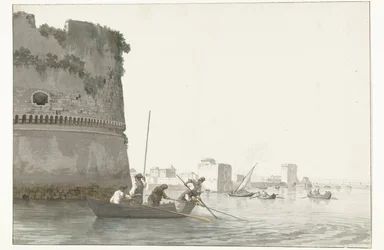 Mosselvissers op Mare Piccolo bij de vestingwerken van Taranto シタデルの隅から見たターラントのマーレ ピッコロでムール貝を釣る (オブジェクトのタイトル) イタリア、シチリア、マルタの旅 - 1778 (シリーズタイトル)