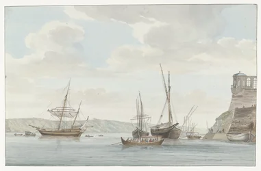 Tuinhuis van de Jardin du Grand Master uittorend boven de Haven met galei schepen op Malta パビリオン デュ ジャルダン デュ グラン メートル、マルトのポート デ ガレールの向かい (オブジェクトのタイトル) イタリア、シチリア、マルタの旅 - 1778 (シリーズタイトル)