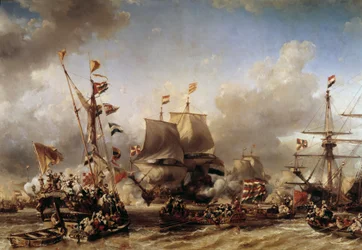 英蘭戦争：「テキセル島の戦いのためのオランダ提督ミシェル・アドリアン・リュイテル（1607-1676）とウィリアム・デ・ウィットのエンバークメント」ルイ・ガブリエル・ユージン・イサビー（1803-1886）画 19世紀 トゥーロン、海軍博物館