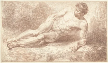横向きに横たわり、左腕にもたれかかる男性の裸体