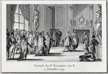 領事館"Napoleon Bonaparte (1769-1821) at the meeting of Saint Cloud on the 18 brumaire (9/11/1799)" ナポレオン・ボナパルトによる18ブルメールのクーデターは、擲弾兵に守られたファイブ・セント(5セント)評議会(500人部屋)で行われ、Dを終了する。