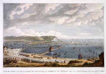 「1803 年 8 月 16 日、艦隊の出発時のブローニュの港と路地の眺め」