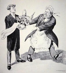 1913年、アメリカのタフト大統領が問題の多い「メキシコ情勢」を後任のウッドロー・ウィルソンに引き継ぐ様子を描いたアメリカのカートゥーン（リットー）。