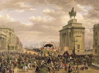 トーリントンピッケン（fl.1838-1870）によって彫刻された、1852年11月18日、アプスリーハウスのアーチ道を通過するウェリントン公爵の葬儀。アッカーマンとデイ、1853年