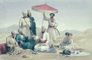 キャプテンLockyer Willis Hartによって書かれた「アフガニスタンの文字と衣装」からのUmeer Dost Mohammed Khan、1843年公開