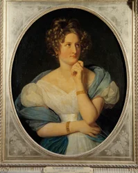 フランスの作家デルフィーヌ・ゲイ（1804-1855）の肖像、マダム・エミール・ド・ジラルダン 彼女のペンネームはシャルル・ド・ドロネー子爵です。ルイ・エルサン（1777-1860）による絵画 1824年 日0.92×0.72メートル