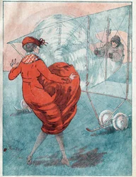 順風：ヘリスの詮索。 1916 年 5 月の雑誌「ル・ファンタジオ」に掲載されたルイ・イカール (1888-1950) の挿絵。