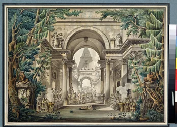 「La procession au Temple」（お寺の行列） 芝居の舞台装置。 Louis Jean Deprez (1743-1804) の水彩画 プーシキン美術館、モスクワ