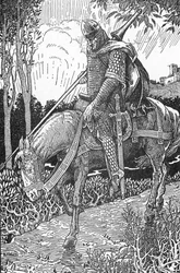 Mordred (Modred) ferido após a batalha de Camlann contra seu pai, o rei Arthur (Mordred ferido após a batalha de Camlann) Ilustração de Louis Rhead (1858-1926) de “King Arthur and his knights” 1923 Coleção particular