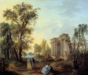 ウォーク・シャンペトル Louis Joseph Watteau dit Watteau de Lille (1731-1798) 18世紀に描かれた絵画。日 1,02x0,8 m マルセイユ、ミュゼ・デ・ボザール