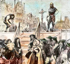 毒殺の罪で宣告された侯爵夫人マリー・マドレーヌ・ドーブレイの処刑。Louis Daudenarde (d.1907)によるエングレーヴィング - 毒殺刑に処せられたブランヴィリエ侯爵夫人Marie Madeleine Dreux d