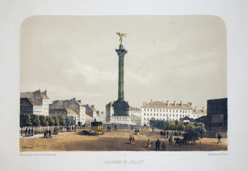 7月の列（バスティーユ広場）、パリ。石版水彩画、Arnoutのイラスト、「Album, souvenirs de Paris」に収録、Daziaro編集部、パリ