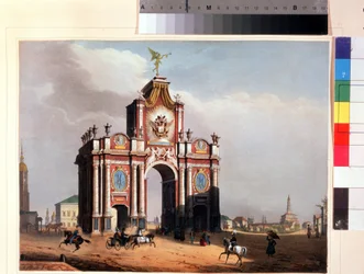 モスクワの赤い門。 Louis Jules Arnout (1814-1868) によるリトグラフ、1830 年頃に水彩で着色。フランスの芸術、古典主義。 A. プーシキン記念博物館、サンクトペテルブルク。