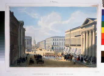 ストロガノフ宮殿のネフスキー大通りから見たサンクトペテルブルクの警察橋。 Louis Jules Arnout (1814-1868) によるリトグラフ、着色