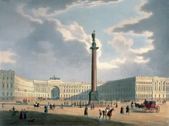 1840年代、パリのルメルシエによって印刷された、サンクトペテルブルクのアレクサンドルコラムと陸軍本部