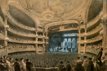 ロベール・ル・ディアブル」（1831年）の上演中の帝国音楽院、オペラ劇場。カラーのリトグラフ。