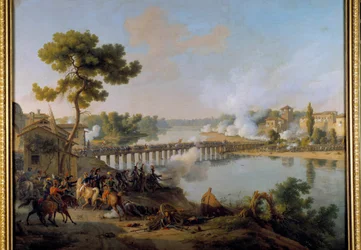 第一次イタリア遠征（1796年～1797年）中のロディ橋の戦い（1796年5月10日）で指揮を執るボナパルト将軍 ルイ・フランソワ・ルジューヌ（1775年～1848年）による絵画 19世紀 日。1,85 x 2,40 m