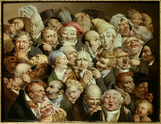 カリカチュア：滑稽な表情のシリーズ「35人の表情の再会」 Louis Leopold Boilly（1761-1845）による絵画 1825年頃 木に油彩 薄暗い。0.19x0.25 m Tourcoing, musee des Beaux Arts - 35人の表情の再会。カートゥーン：Rの研究
