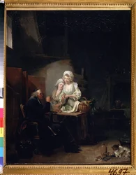 ""The old vicar"" (古いキュレート) 2 人の女性がキッチンで古いキュレートを手伝っています。 Louis-Leopold (Louis Leopold) Boilly (1761-1845) による絵画 1785-1800 プーシキン美術館、モスクワ