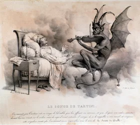 イタリアの作曲家ジュゼッペ・タルティーニが見たバイオリンを弾く悪魔の夢が、後に「悪魔のトリルソナタ」となる（イラストレーション