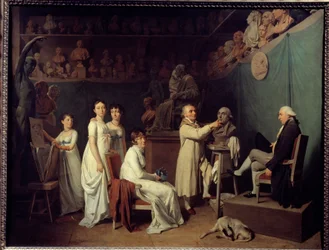 彫刻家ジャン・バティスト・ウードン（1741-1828）の工房。彫刻家のモデルは数学者のピエール＝シモン・ラプラス（1749-1827）Marquis de Laplaceで、妻と娘たちがいるところです。ルイ・レオポルド・ボイ（1761-1845）による絵画 1804年 パリ、デ