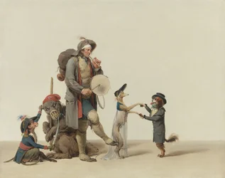 ボイリー、ルイ・レオポルド（1761-1845）の「踊る犬、熊、猿の動物調教師」。キャンバスに油彩、サイズ：32,4x40,6 cm - 個人蔵