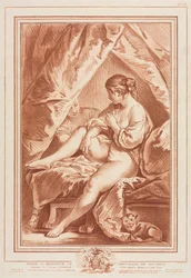 1764年以前のベッドに座った若い女性。