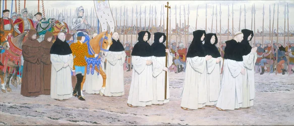 Joan of ArcシリーズC、c.1905-11からの馬に乗った鎧の乙女（キャンバス上の油彩と金箔）