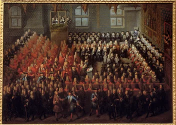 ルイ15世（1710年〜1774年）がルイ14世（1638年〜1715年）の意志を断ち切るために、パリ議会の大法廷で行った裁判のベッド