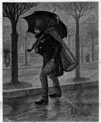 貧乏な収穫。濡れたセミがかわいそう...雨の中、パリの街を歩く悲惨なドラム奏者。アルフォンス・ドーデ（1840-1897）の自伝的作品集「パリからの旅」に収録。Le Monde illustriou "に掲載されたMontegutの挿絵をもとにしたエングレーヴィング。