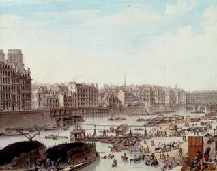 1782年のパリ港のドックでの海上生活 セーヌ川でのペニシェや商業活動。詳細ルイ・ド・レスピナス（1734-1808）によるドローイング 1782年パリ、カルナヴァレ美術館