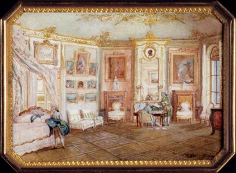 アレクサンドル・ルフェール（1806年頃～1838年頃）のタバティエールの蓋に、ルイ・ニコラ・ヴァン・ブラーレンベルグ（1716～1794年）が描いたルイ15世の部屋を表す細密画が飾られています。1770年頃。日 0,02x0,08x0,06 m パリ、ルーヴル美術館