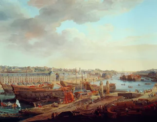 シップヤード。"ブレストの街" 詳細ルイ・ニコラ・ファン・ブラーレンベルヘ（1716-1794）による絵画 1774年
