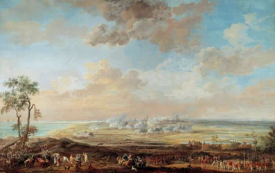 オーストリア継承戦争（1741年〜1748年）の様子。"ローエンダル伯爵中将によるオステンドの包囲（1745年8月13日から23日まで）" グアッシュ：ルイ・ニコラ・ヴァン・ブラーレンベルグ（1716-1794） 1783年 Sun.0,59x0,94 m ヴェルサイユ宮殿、城の博物館