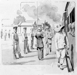 トランシベリア鉄道の停車駅での中国人車掌。1913.イラストはSabattierによるもの。