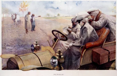 ロスト！？田園地帯で道を探す旅人たち。20世紀初頭、ルイ・レミー・サバティエ（1863-1935）によるエングレーヴィング。パリ、カルナヴァレ美術館